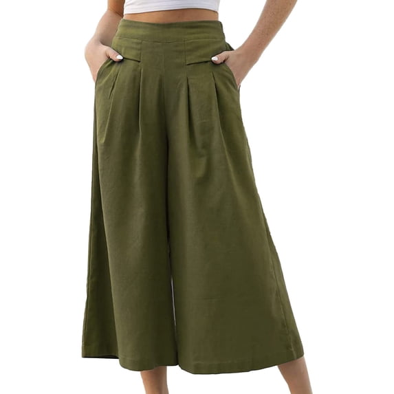 Linen Pants For Women, Elastic Waist Wide Leg Capri Pants, Loose Casual Daily Bottoms With Convenient Pockets