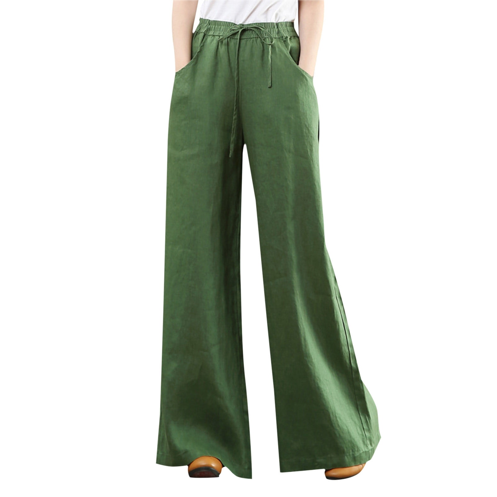 Plus Size Women Summer Pure Color 100%Linen Wide-leg Pants