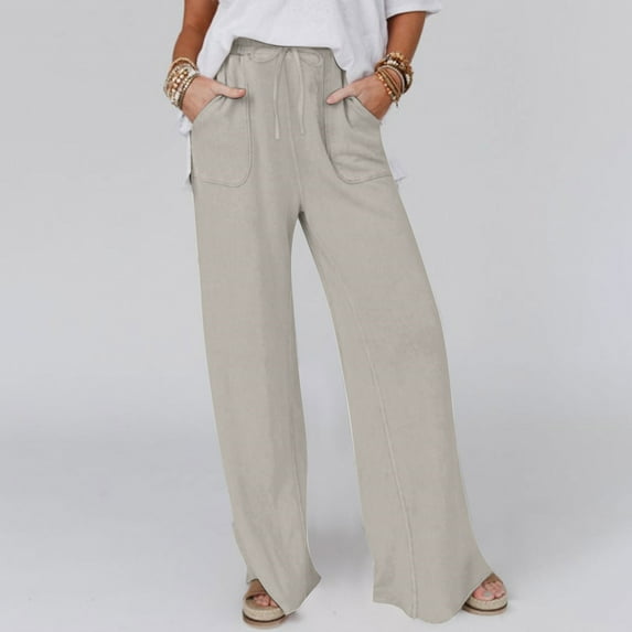 Linen Pants For Women Summer Casual High Waisted Adjustable Drawstring Beach Pant With Pocket Gray M