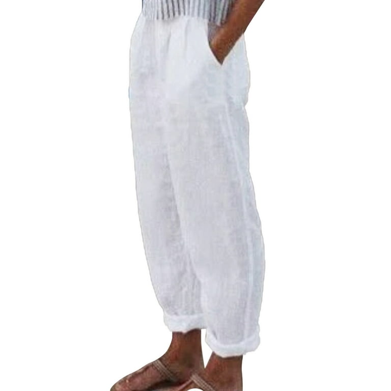 Linen Pants For Women,Women's Casual Wide Leg Pajama Pants Ribbed Knit  Pajama Bottoms Drawstring Comfy Lounge Pants(M,White)