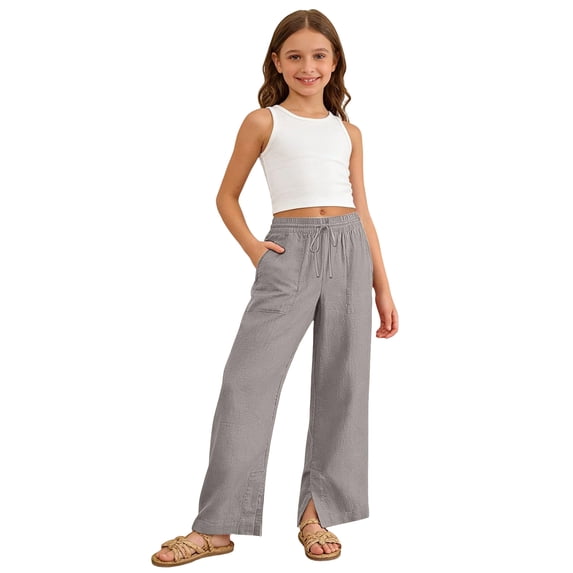Linen Pants Girls Wide Leg Flowy Kids Lightweight Loose Fit Casual Drawstring Summer Beach Pants Comfy Trousers