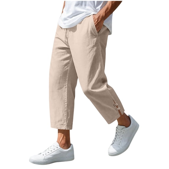 Linen Pants Jerdar Men Casual Loose Exercise Drawstring Waist Pocket Slitted Bottoms Beach Pants