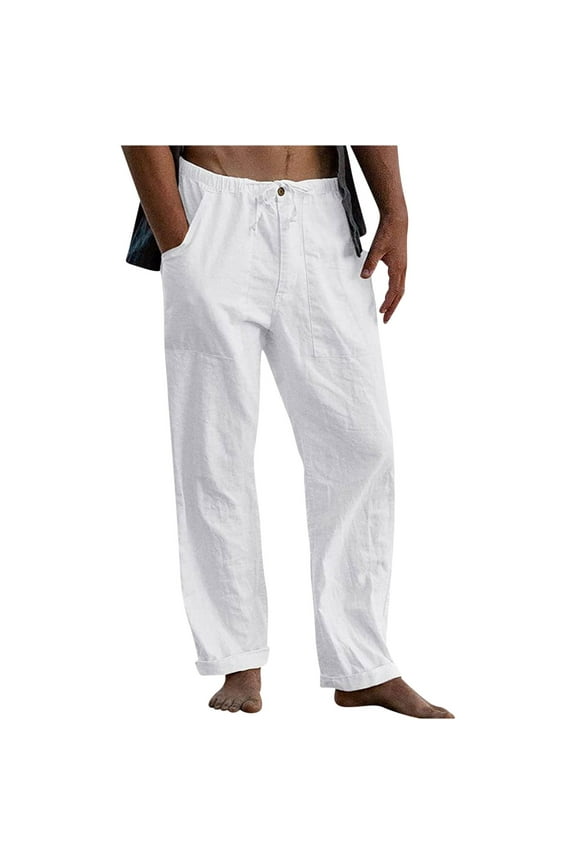 Linen Pants Men Drawstring Elastic Pantalones lino Hombres Trousers Breathable Long Pants Straight Comfort Trousers