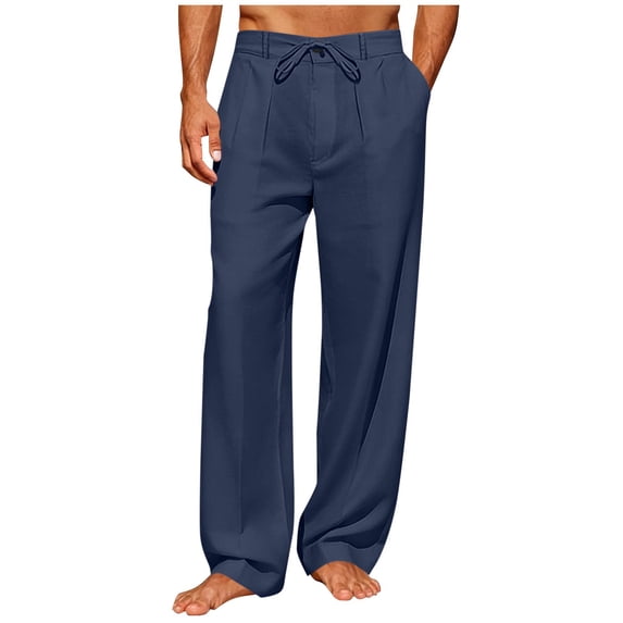 Linen Pants for Men Loose Fits Elastic Waist Drawstring Straight Legs Pants Mens Summer Casual Solid Plus Size Baggy Relaxed Lightweight Breathable Vacation Beach Pant