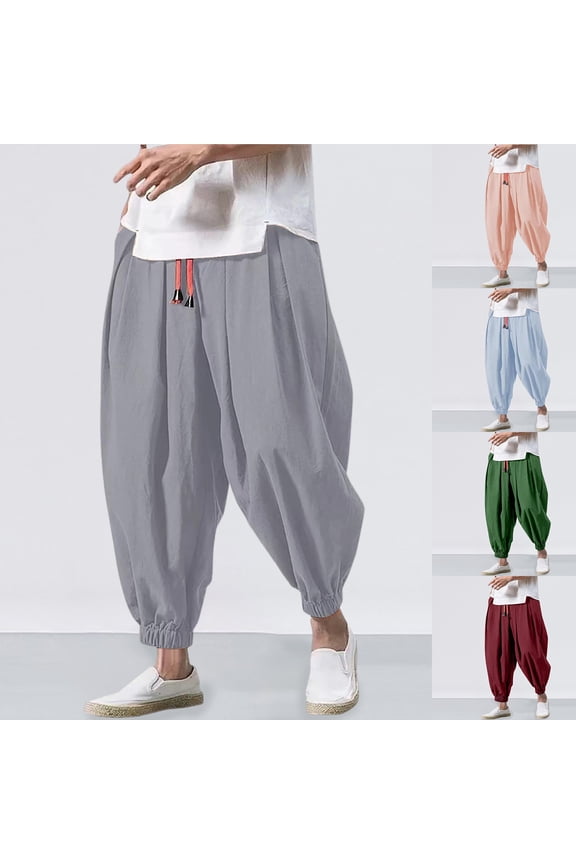 Linen Pants Men Loose Lightweight Harem Pant Drawstring Casual Stretch Casual Hippie Trousers Summer Blue L