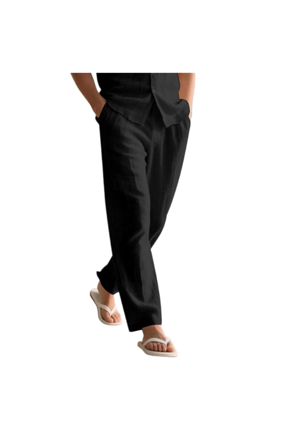 Linen Pants Men Relaxed Fit Summer Beach Pants with Pockets Comfy Casual Straight Leg Pant Lounge Loose Trousers Black M