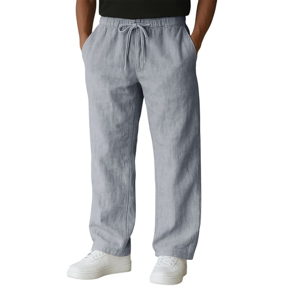 Linen Pants Men Spring Drawstring Elastic Waist Straight Leg Lounge Sweatpants with Pockets Soft Beach Pants Trousers Gray S