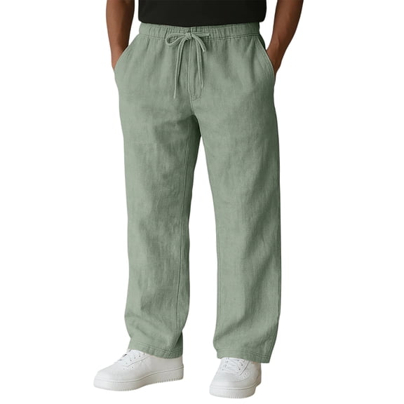Linen Pants Men Spring Drawstring Elastic Waist Straight Leg Lounge Sweatpants with Pockets Soft Beach Pants Trousers Light Green S