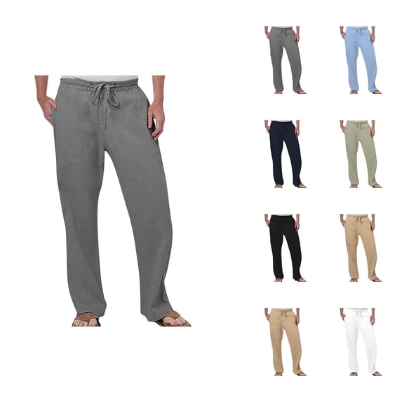 Linen Pants Men Spring Summer Elastic Waist Straight Leg Loose Fit Breathable Casual Beach Pants with Pockets