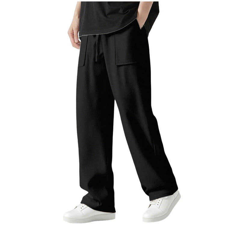 パンツ 2tuck black linen slacks pants Linen Pants Men Straight Leg Drawstring Waist Slacks with Pockets