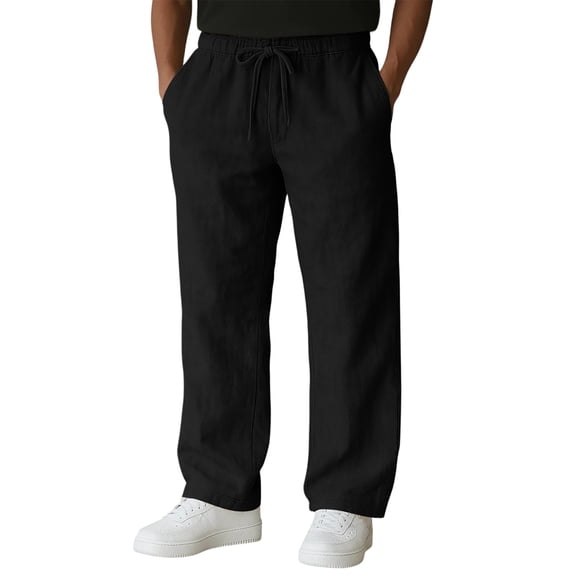 Linen Pants Mens Casual Drawstring Summer Beach Pants Lightweight Cotton Linen Dress Trousers Black XL