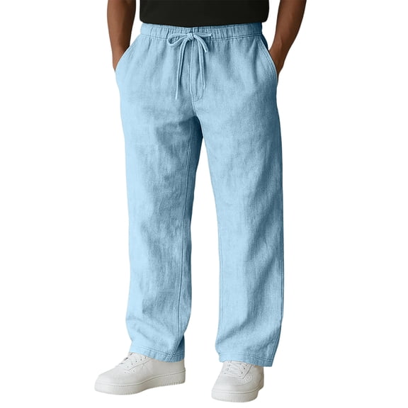 Linen Pants Mens Casual Drawstring Summer Beach Pants Lightweight Cotton Linen Dress Trousers Light Blue S
