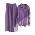 thumbnail image 1 of Linen Pants Sets, Women 2 Piece Outfits Long Sleeve Button Blouse Shirt and Wide Leg Pants Matching Sets Women’s Oversized Drawstring Elastic Waist Fall Tracksuit Purples, 1 of 6