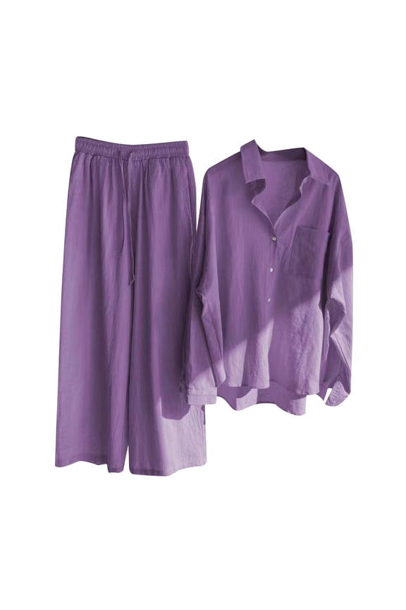 Linen Pants Sets, Women 2 Piece Outfits Long Sleeve Button Blouse Shirt and Wide Leg Pants Matching Sets Women’s Oversized Drawstring Elastic Waist Fall Tracksuit Purples