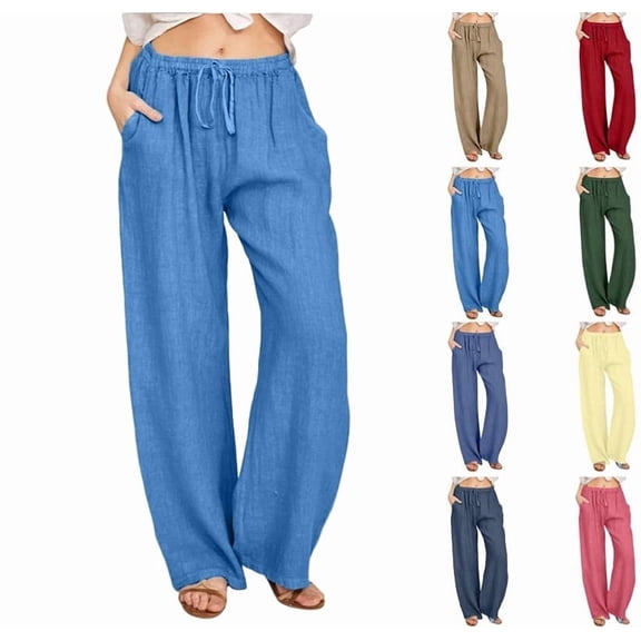 Linen Pants Women 2025 Summer Beach Lounge Palazzo Trousers Loose Elastic Plus Size Drawstring with Pockets Pants Blue S