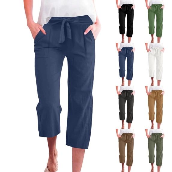 Linen Pants Women 2026 Spring Summer Fashion Straight Leg Pant Casual High Waisted Loose Trousers with Pockets Navy XL