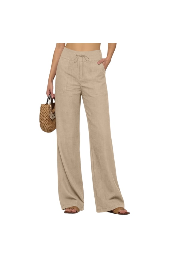 Linen Pants Women 2026 Summer Casual Pull On High Waist Straight Leg Trousers Boho Lightweight Loose Plus Size Pant with Pockets 26" 27" 28" Inseam Khaki S