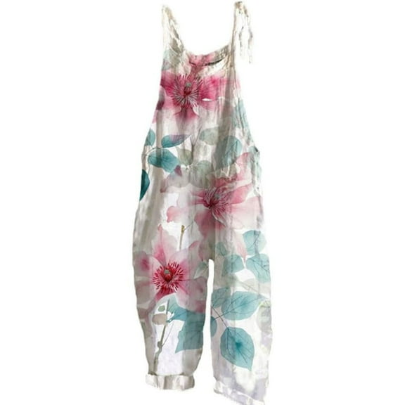 Linen Pants Women, Beige Boho Floral Jumpsuits Sleeveless Spaghetti Strap Baggy Romper Wide Leg Overalls with Pockets, Wide Leg Pants Woman, 4XL, Palazzo Pants for Women, S-5XL, Boho Pants for Women