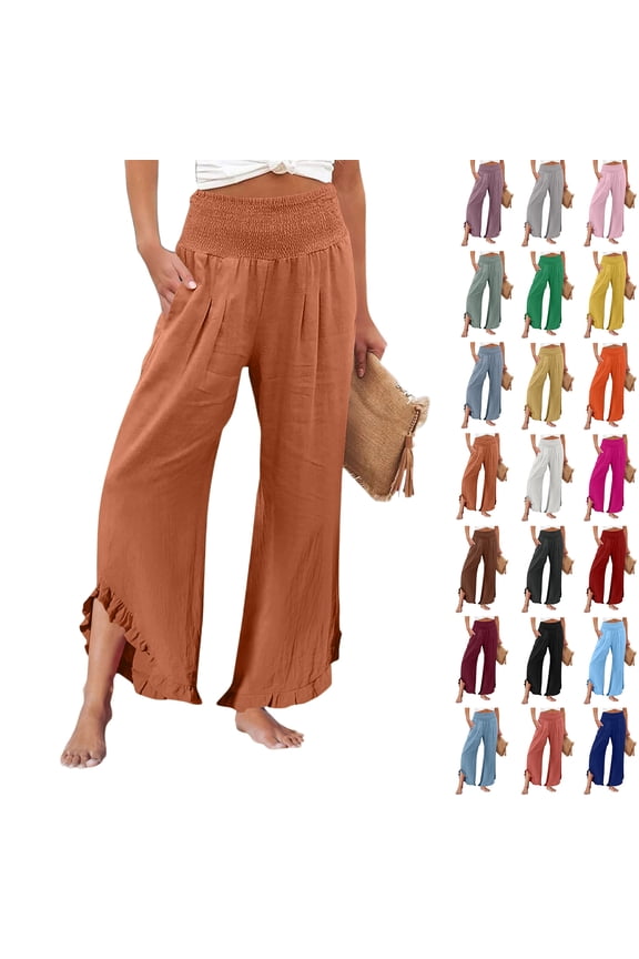 Linen Pants Women Boho High Waisted Flowy Ruffle Palazzo Pants Flowy Summer Resort Wear Vacation Beach Trousers Purple L