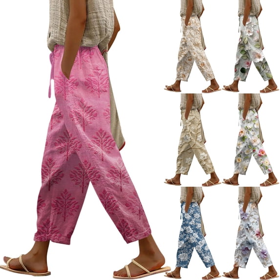 Linen Pants Women Capri for Cropped Beach Summer, Blue, S