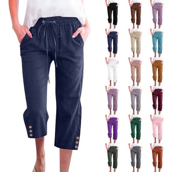 Linen Pants Women Casual Capris Pant Drawstring Elastic High Waist Straight Wide Leg Trousers Buttons Trim with Pockets, Navy 20" Inseam S