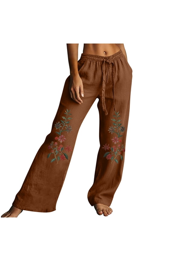 Linen Pants Women Casual Daily Embroidery Flower Cotton Linen Western Retro Style Plus Size Pants