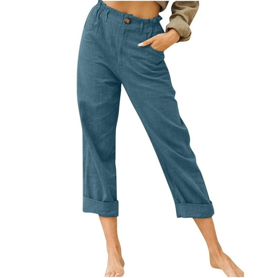 Linen Pants for Women Casual Fashion Solid Color with Pocket Button Elastic Waist Comfortable Straight Leg Crop Trousers Drawstring Loose Sweatpants Navy_BB M