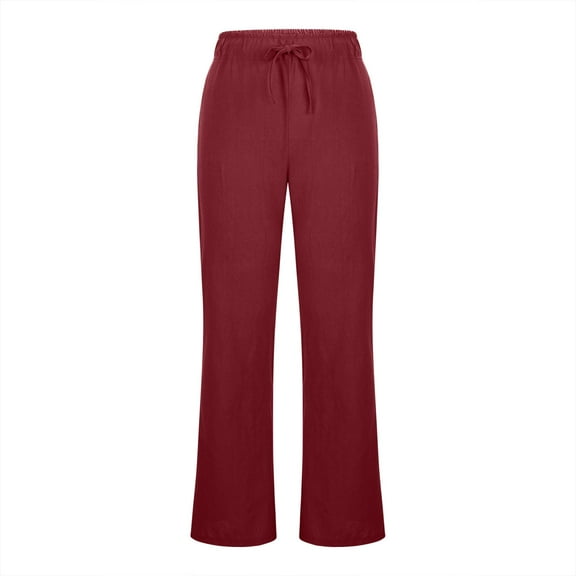 Linen Pants Women Casual Solid Elastic Waist Pocket High Waist Strap Home Pants Linen Pants Women Plus Size Wine M