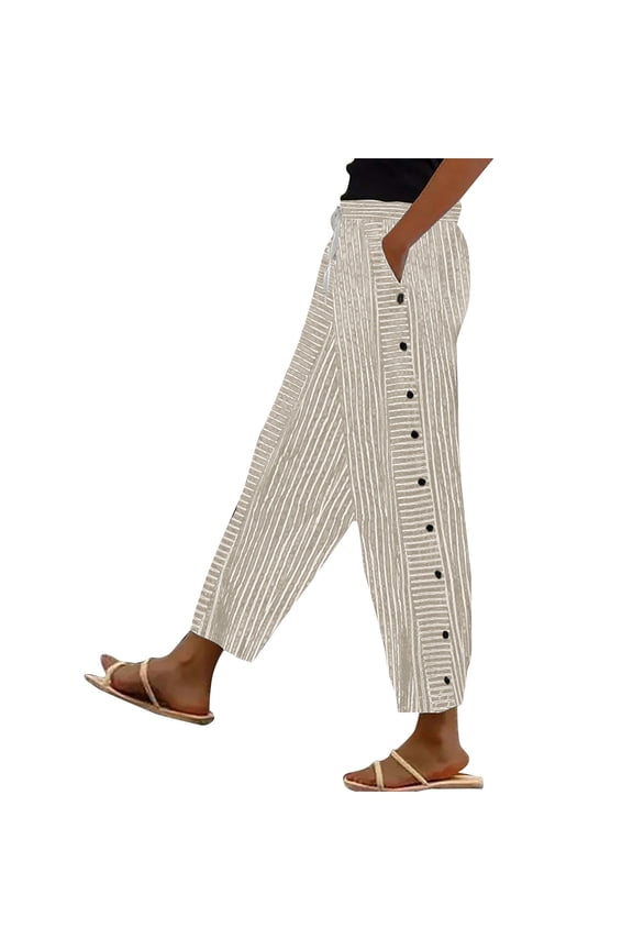 High Waist Pants For Women Linen Pants Women Striped Elastic Waistband Band Pocket Side Nine Point Loose Casual Straight Leg High Waist Trousers Pants For Women Trousers Pants For Women