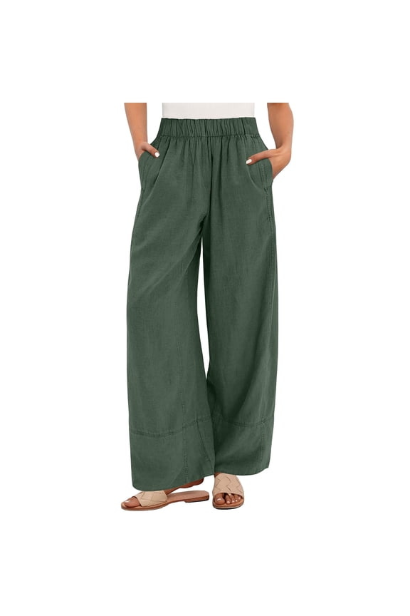 Linen Pants Women Cotton Baggy Boho Casual Palazzo Pants Wide Leg Long Lounge Trousers with Pockets Green 2XL