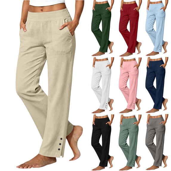 Linen Pants Women Cotton Linen Pants Comfy Elastic Waist Lounge Pants Lightweight Mid Rise Trousers Trendy Summer Straight Leg Linen Pants
