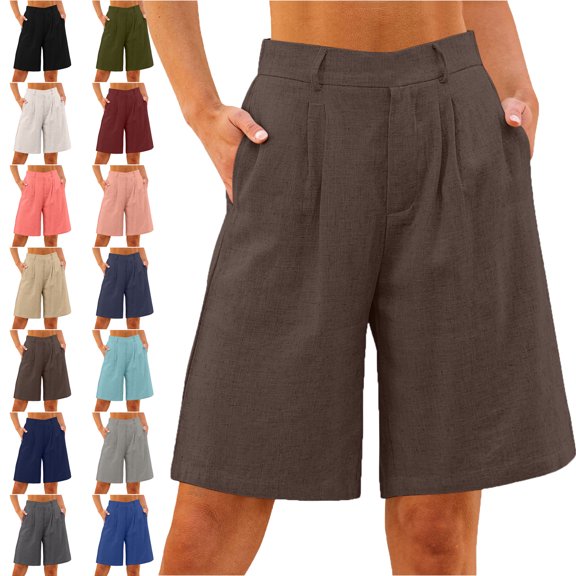 Linen Pants Women Cotton And Linen Solid Color Loose Straight Leg Pants With Pockets Side Slit Buttons Five Quarter Pants Linen Blend Pants for Women Coffee 2XL