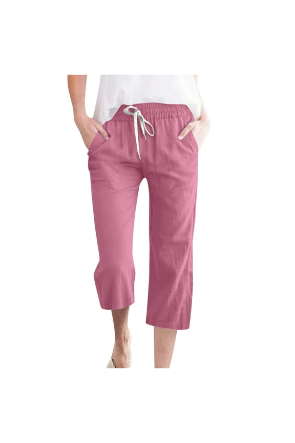 Linen Pants Women, Drawstring Elastic Waist Cropped Trousers, Casual Summer Capri Pants with Pockets