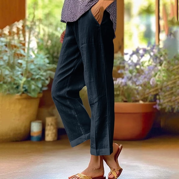 Xdegoge Linen Pants Women Dressy Casual Summer Pants Elastic Waist Straight Leg Loose Fit Trousers with Pockets Solid Color Vacation Beach Pants At