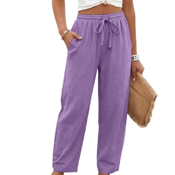 Linen Pants Women Elastic High Waisted Drawstring Wide Leg Linen Pants Lounge Solid Color Beach Pant with Pockets, 2XL