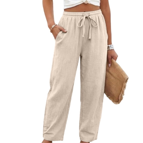 Linen Pants Women Elastic High Waisted Drawstring Wide Leg Linen Pants Lounge Solid Color Beach Pant with Pockets, L
