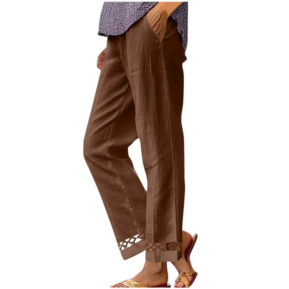Linen Pants Women Elastic High Waisted Straight Leg Lace Hem Pants Casual Slacks Summer Beach Vacation Trousers with Pockets
