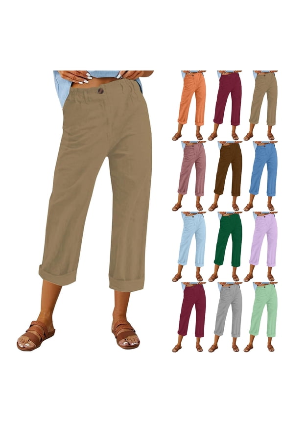 Linen Pants Women Elastic Waist Cropped Button Summer Lounge Pants Straight Leg Ankle Length Cotton Linen Slacks Camel S