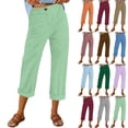 thumbnail image 1 of Linen Pants Women Elastic Waist Cropped Button Summer Lounge Pants Straight Leg Ankle Length Cotton Linen Slacks Light Green M, 1 of 7