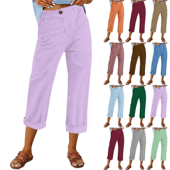 Linen Pants Women Elastic Waist Cropped Button Summer Lounge Pants Straight Leg Ankle Length Cotton Linen Slacks Purple XXL