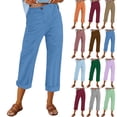 thumbnail image 1 of Linen Pants Women Elastic Waist Cropped Button Summer Lounge Pants Straight Leg Ankle Length Cotton Linen Slacks Royal Blue M, 1 of 7