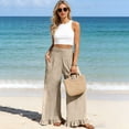 thumbnail image 1 of Linen Pants Women Flowy Ruffle Hem Wide Leg Palazzo Pants with Patch Pockets Casual Ruched Waist Summer Vacation Pant Beige M, 1 of 8