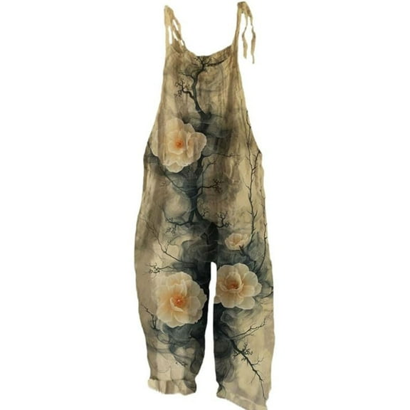 Linen Pants Women, Gray Boho Floral Jumpsuits Sleeveless Spaghetti Strap Baggy Romper Wide Leg Overalls with Pockets, Wide Leg Pants Woman, 4XL, Palazzo Pants for Women, S-5XL, Boho Pants for Women