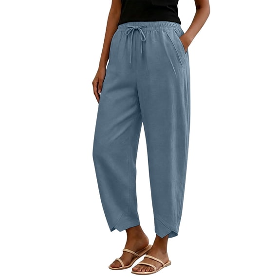 Linen Pants for Women Harem Pants Barrel Trousers Capris Pants Beach Slacks Beachwear Lightweight Pants Elastic Waist Trousers With Pockets Loose Fit Trousers Straight Leg Pants Breathable