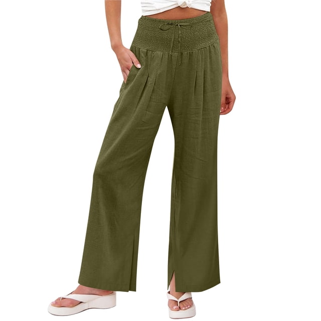 Linen Pants Women High Waist Elastic Loose Comfy Pocket Casual Wide Leg Sweatpants Women Blackish Green 2Xl
