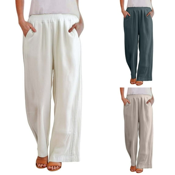 Linen Pants Women High Waist Lightweight Loose Fit Straight Draping Style Trousers Blue Lounge Pajama Pant 2XL/4