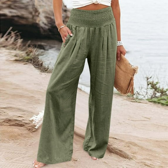 Linen Pants for Women, High Waist Wide Leg Pants, Elastic Waist Boho Pants, Casual Beach Pants with Pockets, Summer Lounge Pants for Vacation, Daily Wear and Casual Outfits-Green