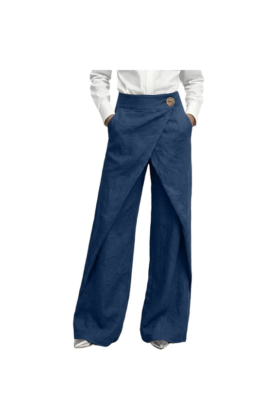 Linen Pants Women High Waist Wrap Front Cross Over Wide Leg Casual Linen Trousers with Pockets Bohemian Bottoms