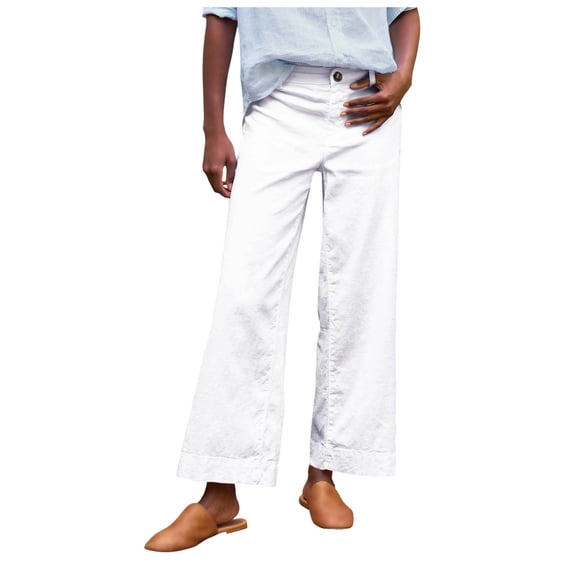 Linen Pants Women High Waisted Flare Wide Leg Capri Work Pants Business Casual Ankle Pants With Pockets