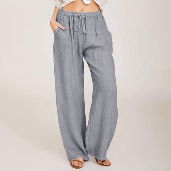 Linen Pants Women High Waisted Flowy Lounge Palazzo Pants Baggy Straight Leg Cotton Trousers Vacation Beach Trousers Light Gray 2XL